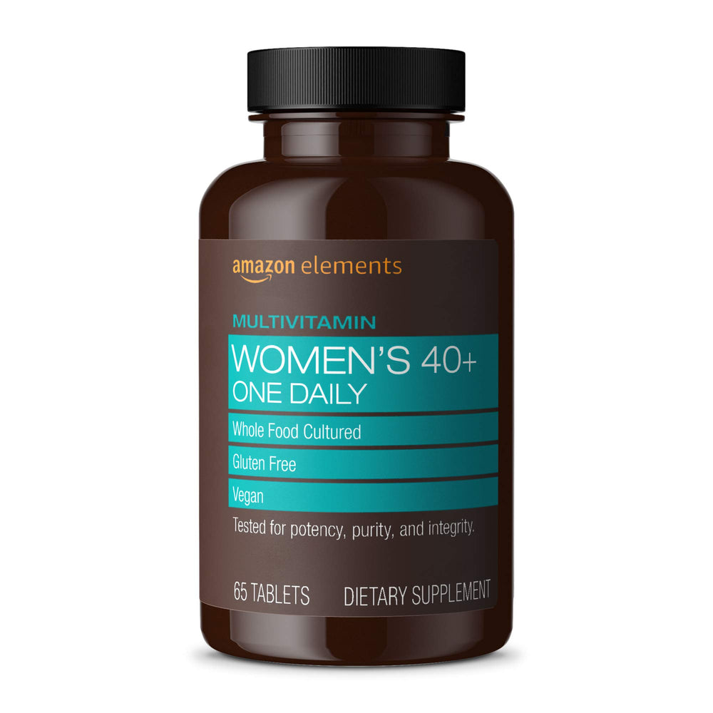 Amazon Elements Women 40+ packaging shows vegan, gluten-free multivitamin for daily wellness