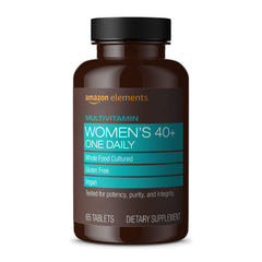 Amazon Elements Women 40+ packaging shows vegan, gluten-free multivitamin for daily wellness