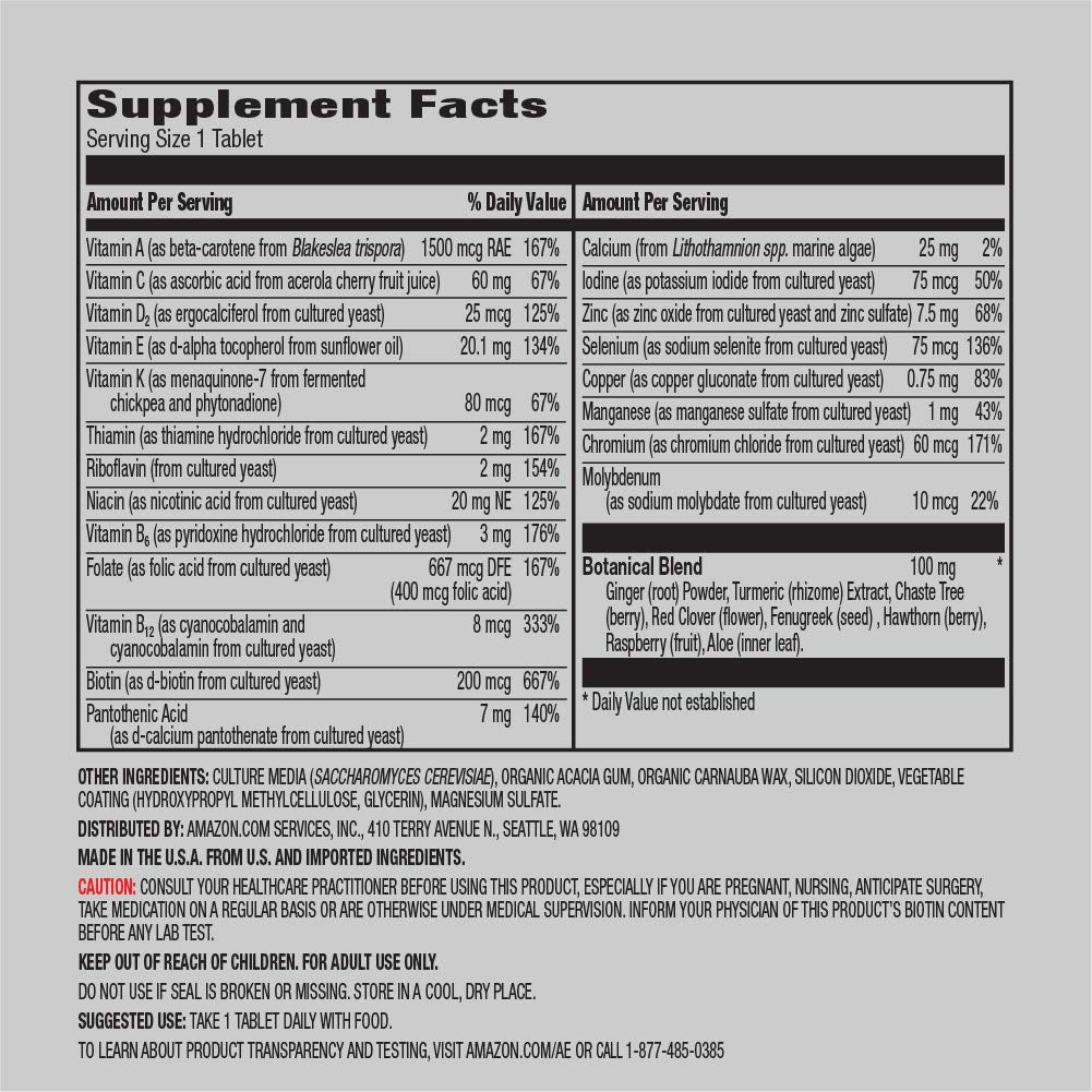 Amazon Elements Women 40+ tablet close-up highlighting 21 vitamins for everyday nutrition
