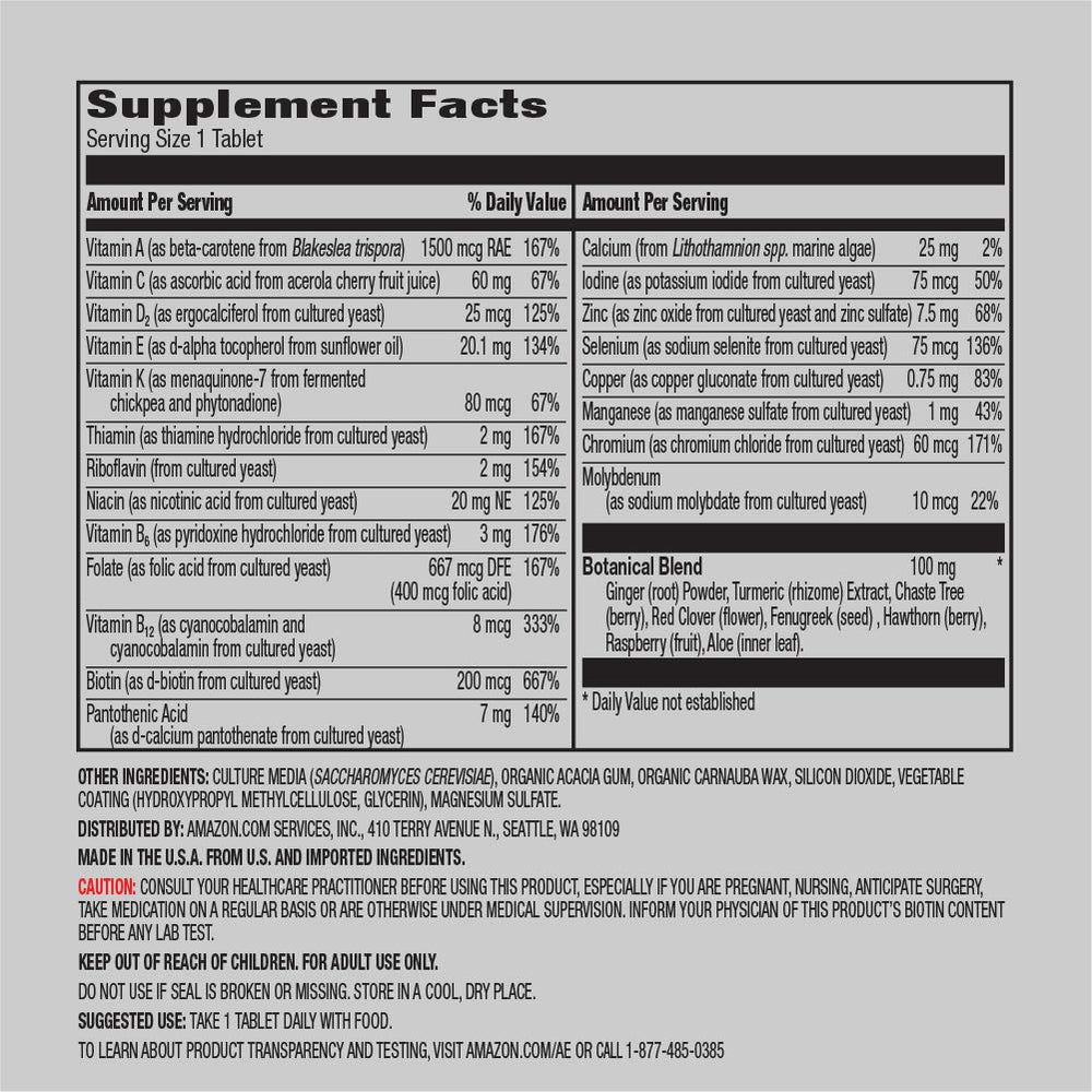 Amazon Elements Women 40+ tablet close-up highlighting 21 vitamins for everyday nutrition