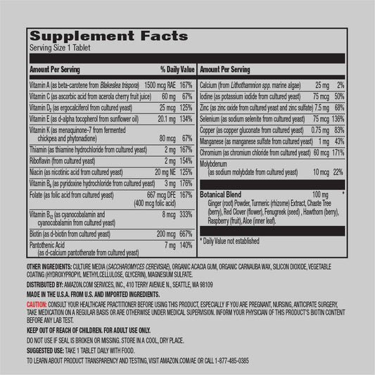 Amazon Elements Women 40+ tablet close-up highlighting 21 vitamins for everyday nutrition