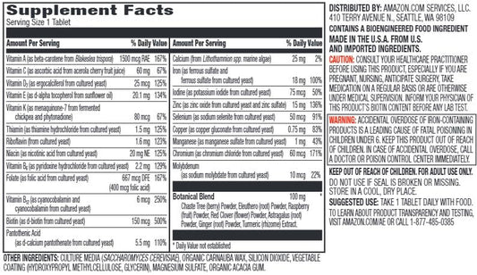 Amazon Elements packaging highlights vegan, gluten-free formula with 22 vitamins and minerals