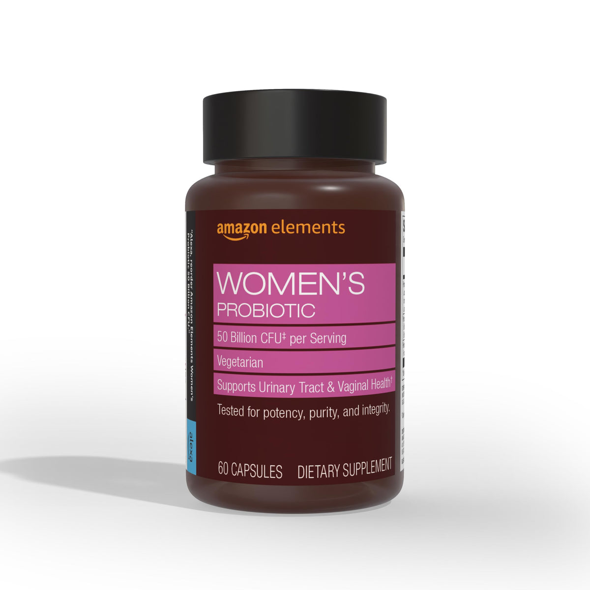 Amazon Elements women's probiotic bottle with 50 billion CFU per serving for urinary and vaginal support.