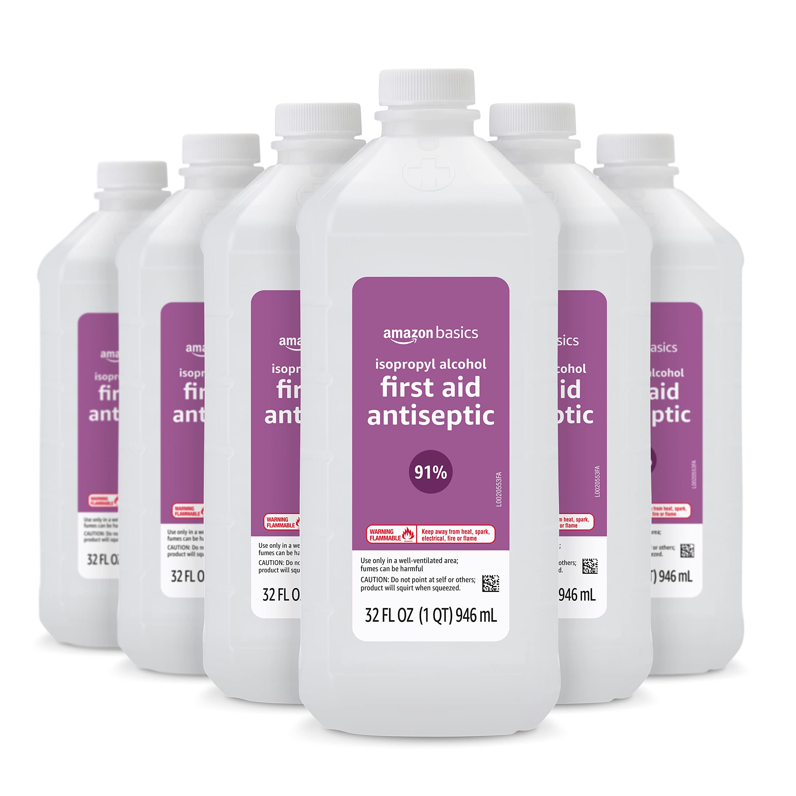 Amazon Basics isopropyl alcohol 91% six-bottle pack ready for first aid tasks.
