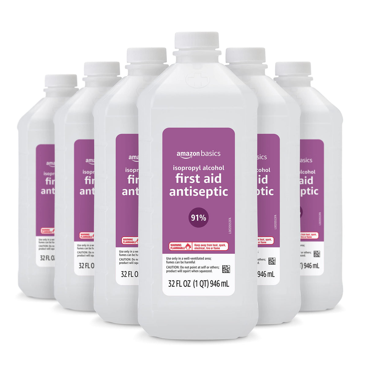 Amazon Basics isopropyl alcohol 91% six-bottle pack ready for first aid tasks.