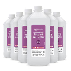 Amazon Basics isopropyl alcohol 91% six-bottle pack ready for first aid tasks.