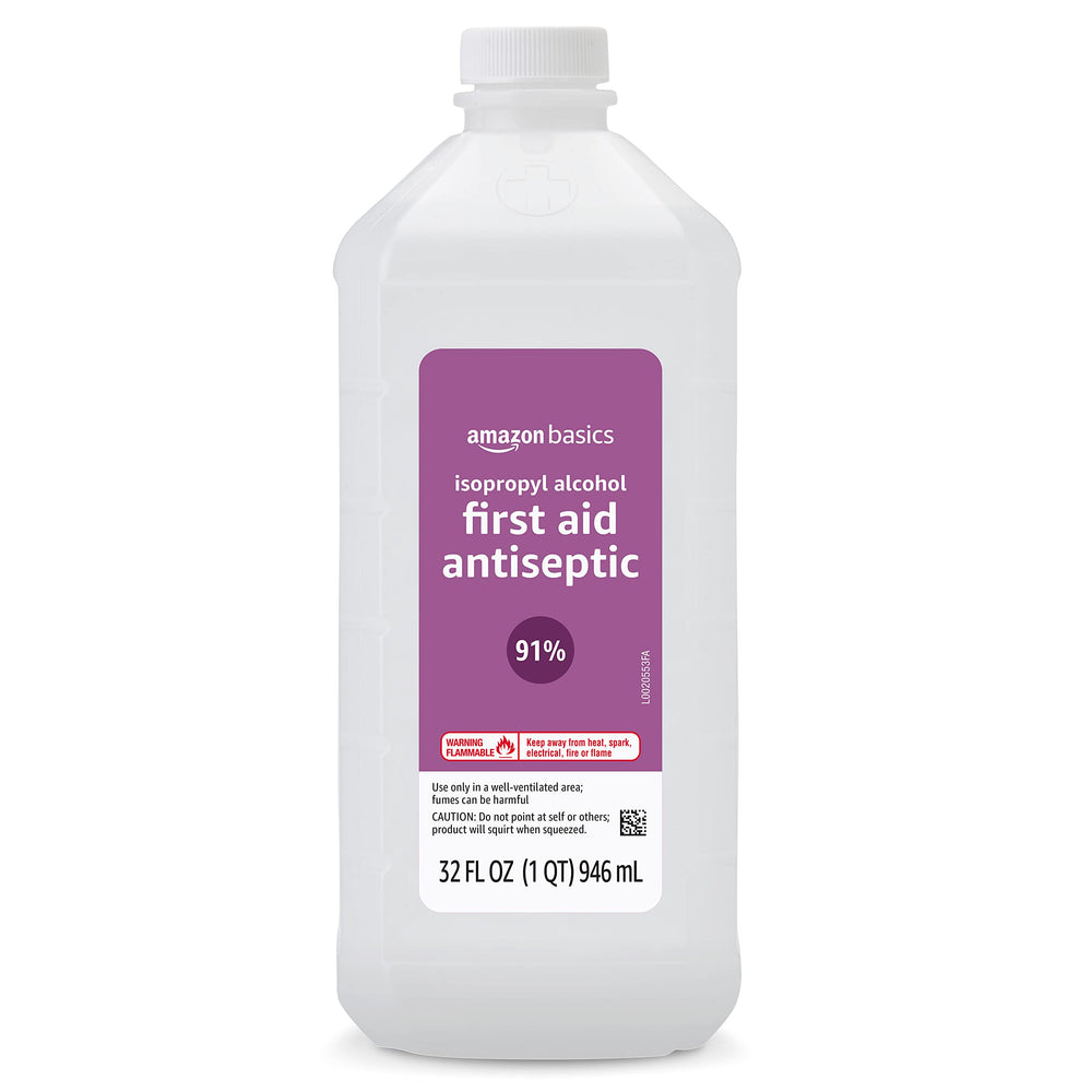 Amazon Basics unscented isopropyl alcohol bottle ideal for sensitive environments.