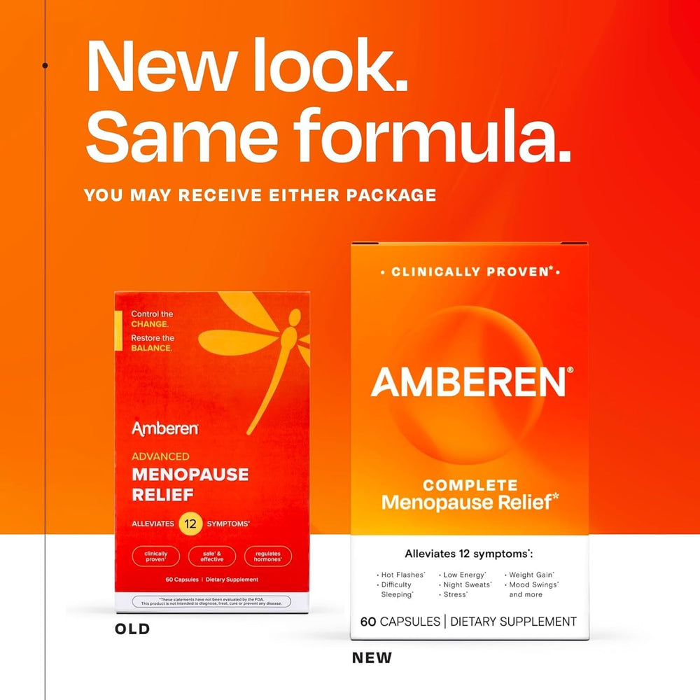 Amberen menopause capsules close-up, small soft gels designed for daily hormone balance