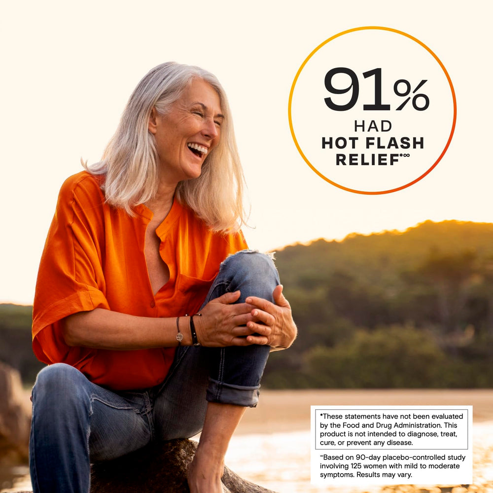 Amberen menopause pill dispensing, hand holding bottle illustrating on-the-go relief