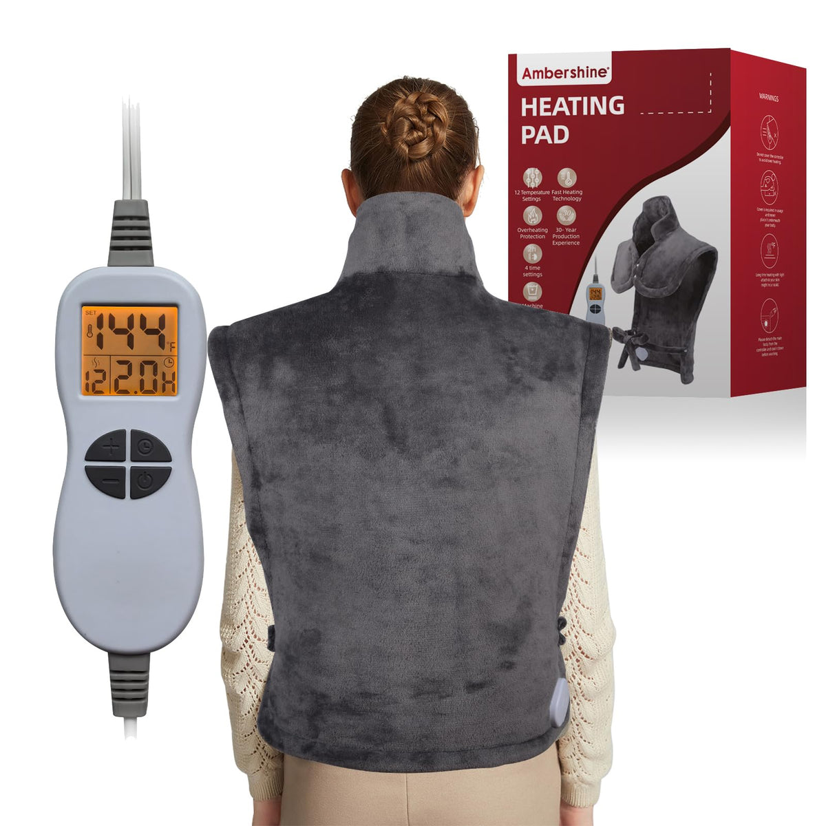 Ambershine XXXL heating pad with LED control panel for easy temperature and timer settings.