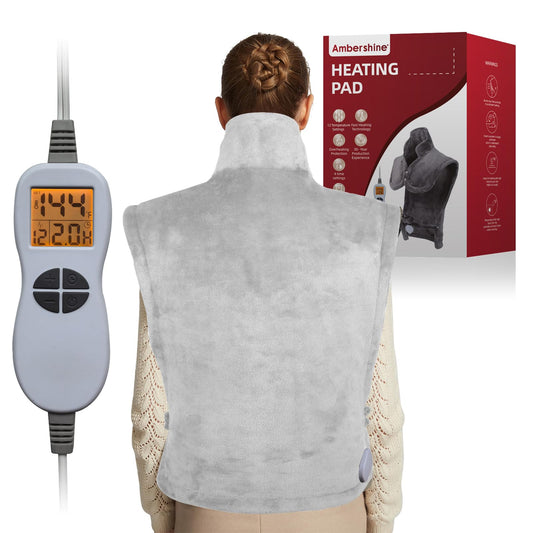 Ambershine XXXL heating pad covering neck, shoulders and back in light grey