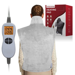 Ambershine XXXL heating pad covering neck, shoulders and back in light grey
