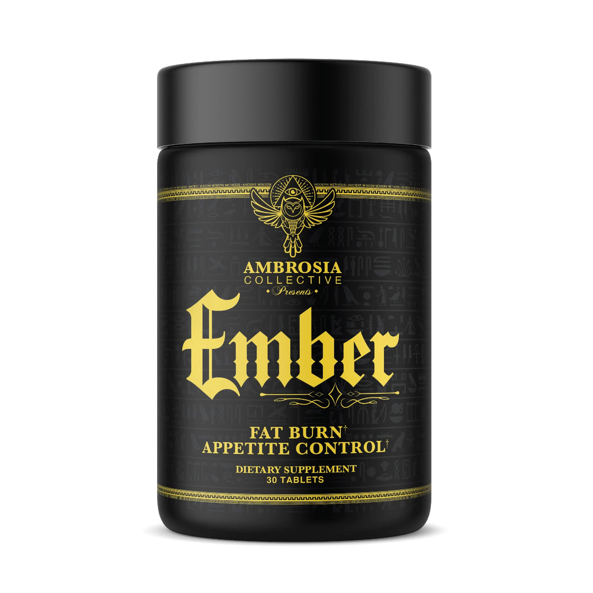 Ambrosia Ember bottle front with capsules for daily appetite support.