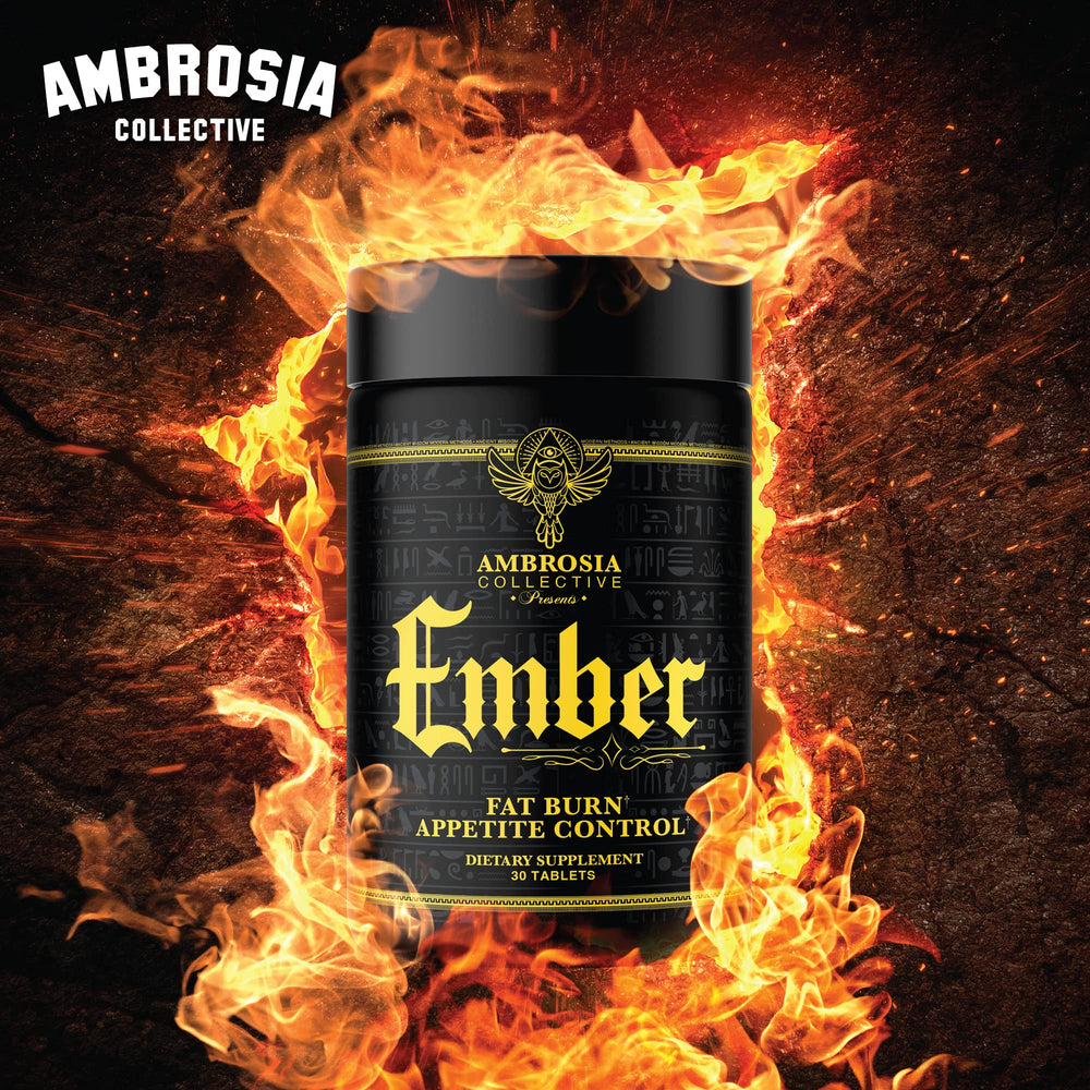 Ambrosia Ember ingredients panel highlighting CapsiMax, African Mango, and CoQ10.