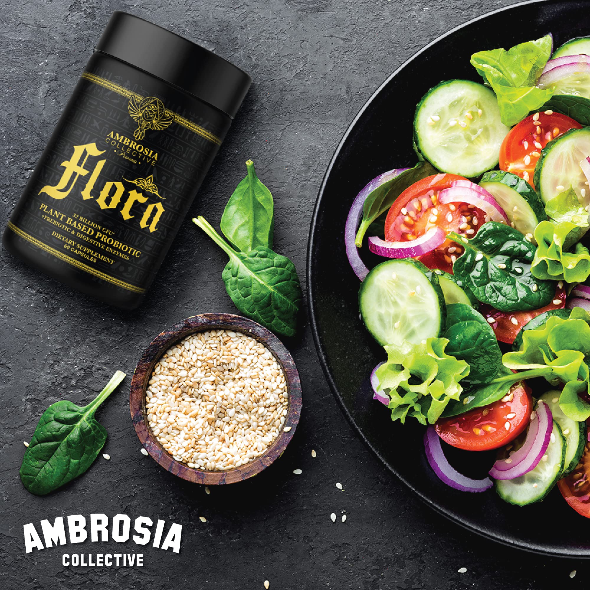 Ambrosia Flora 14-strain probiotics image underlining diverse gut support.