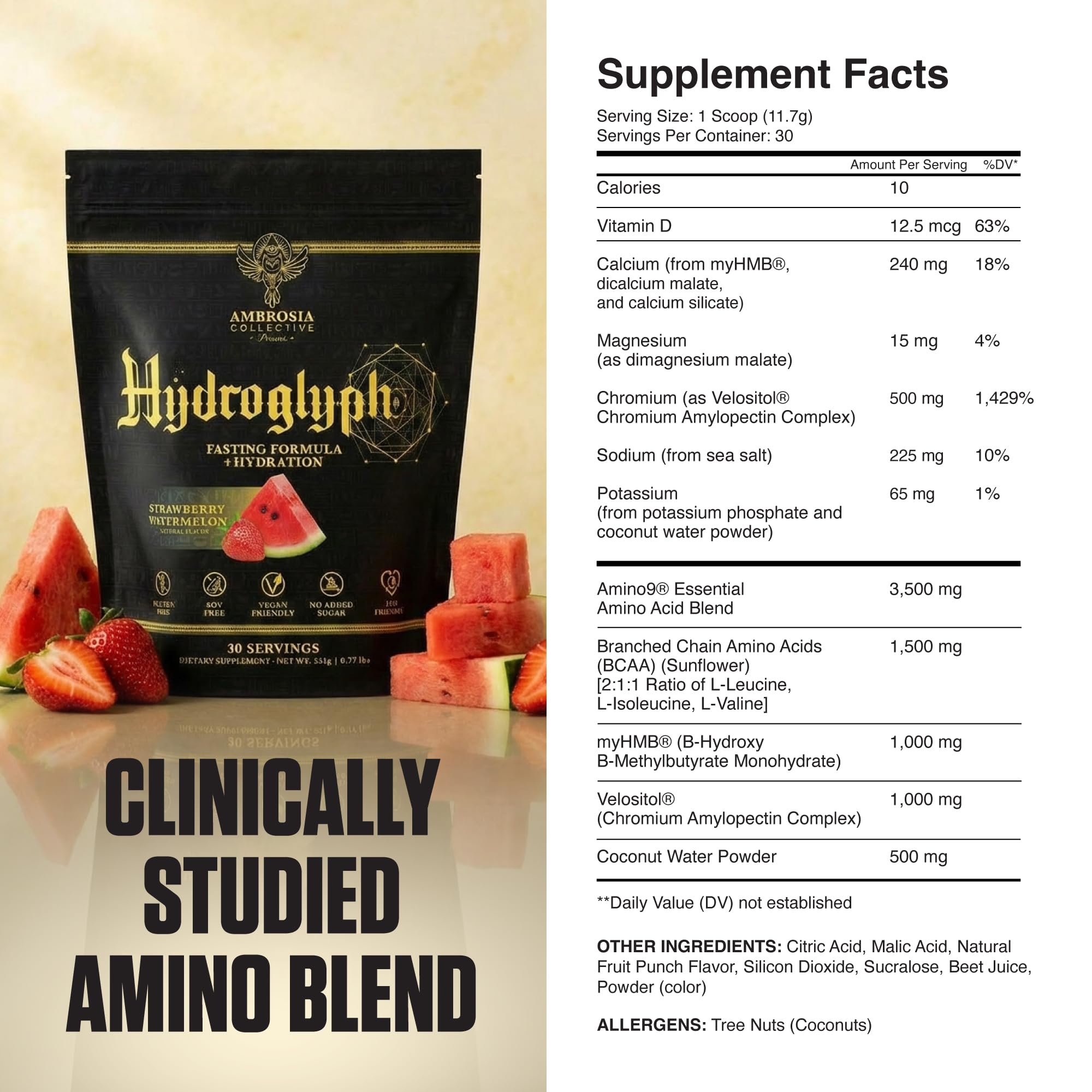 Ambrosia Hydroglyph bottle pouring showing electrolytes for on-the-go hydration