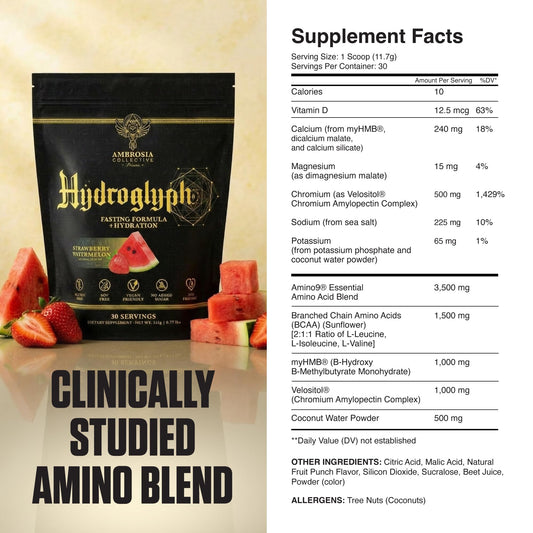 Ambrosia Hydroglyph bottle pouring showing electrolytes for on-the-go hydration