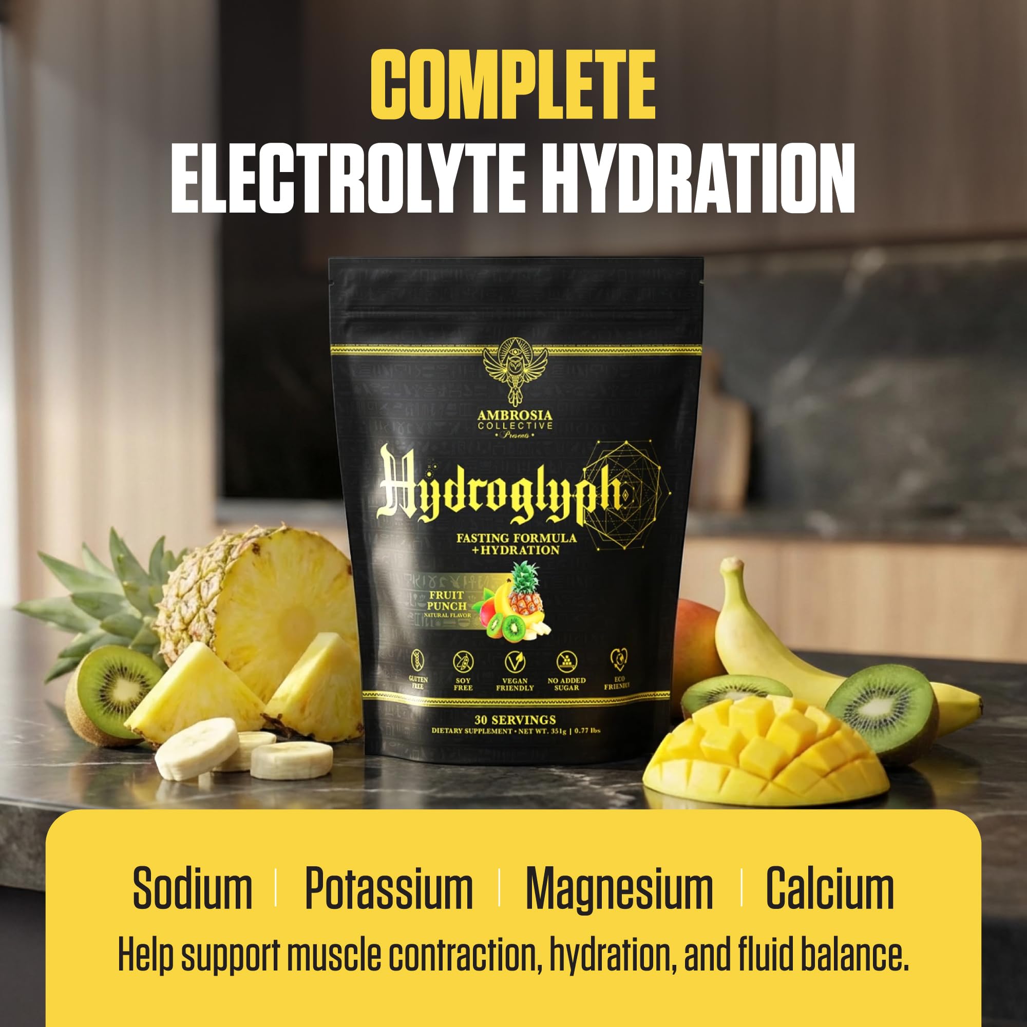 Ambrosia Hydroglyph electrolyte blend ingredients visual emphasize minerals.