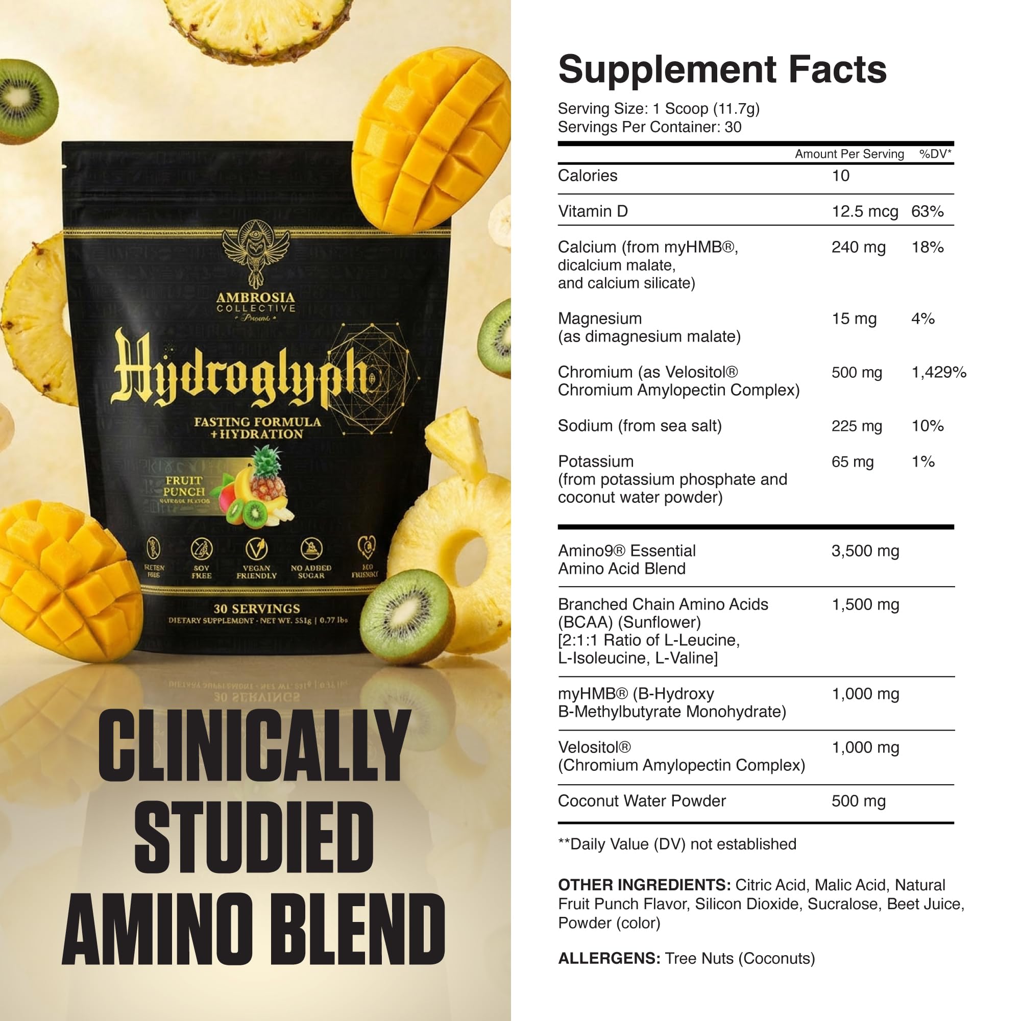 Ambrosia Hydroglyph Fruit Punch tub emphasizes zero sugar hydration for training