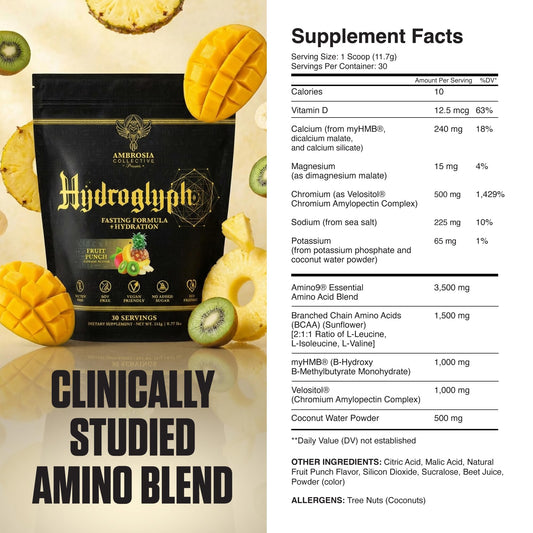 Ambrosia Hydroglyph Fruit Punch tub emphasizes zero sugar hydration for training
