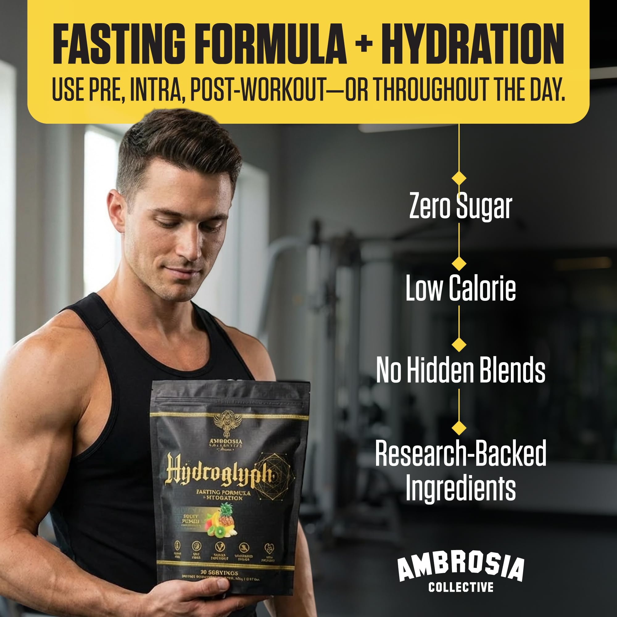 Close-up of Ambrosia Hydroglyph ingredients highlighting amino acids and myHMB