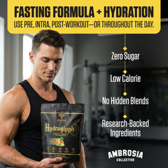 Close-up of Ambrosia Hydroglyph ingredients highlighting amino acids and myHMB