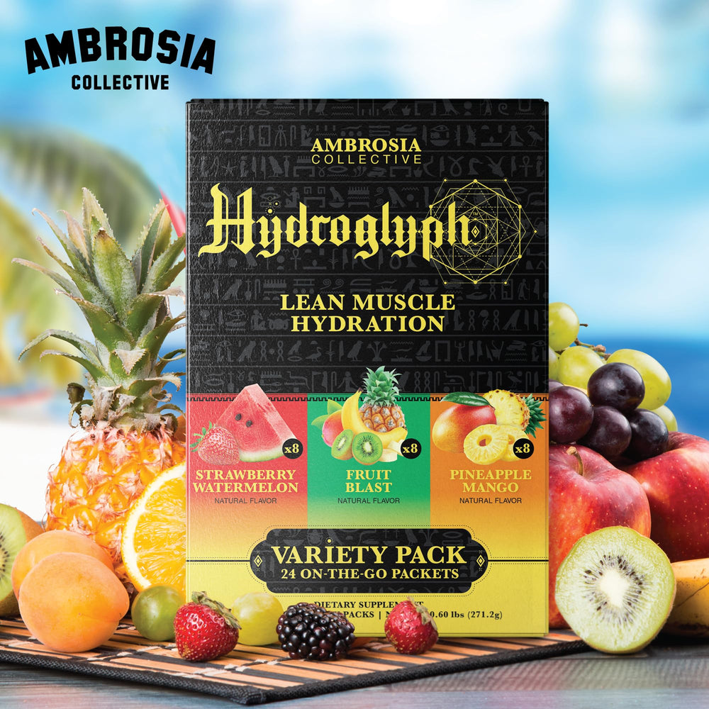 Ambrosia Hydroglyph in a clear glass with ice showing refreshing hydration