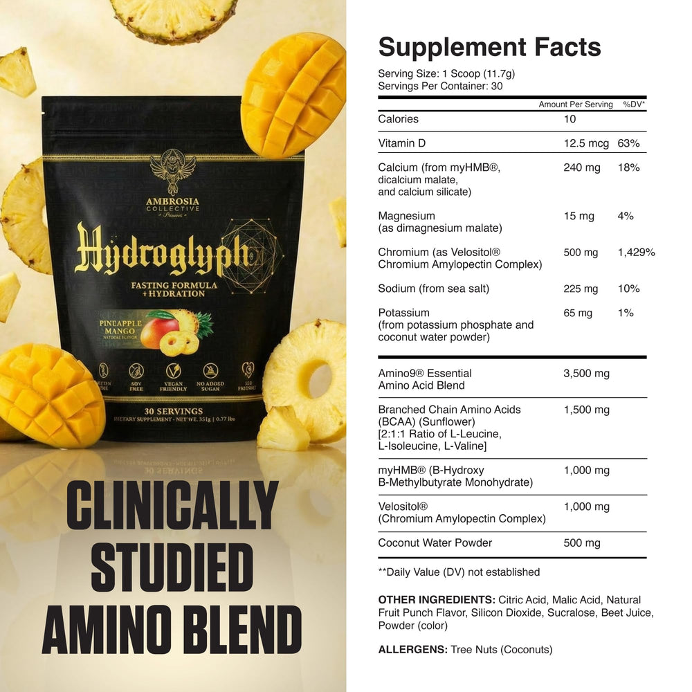 Ambrosia Hydroglyph tub label highlights zero sugar and low calories.