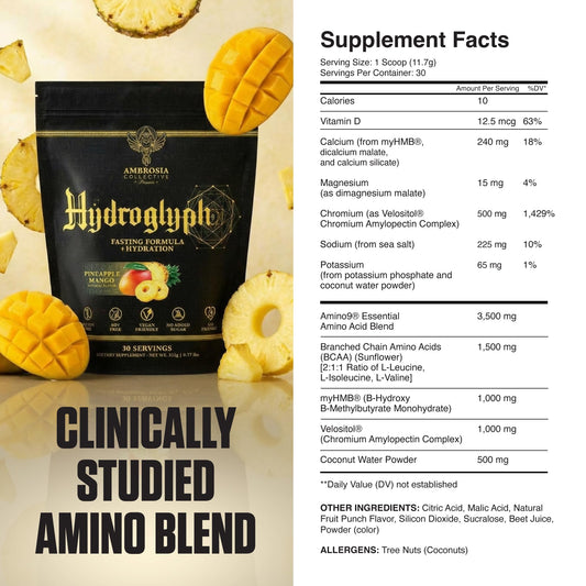 Ambrosia Hydroglyph tub label highlights zero sugar and low calories.