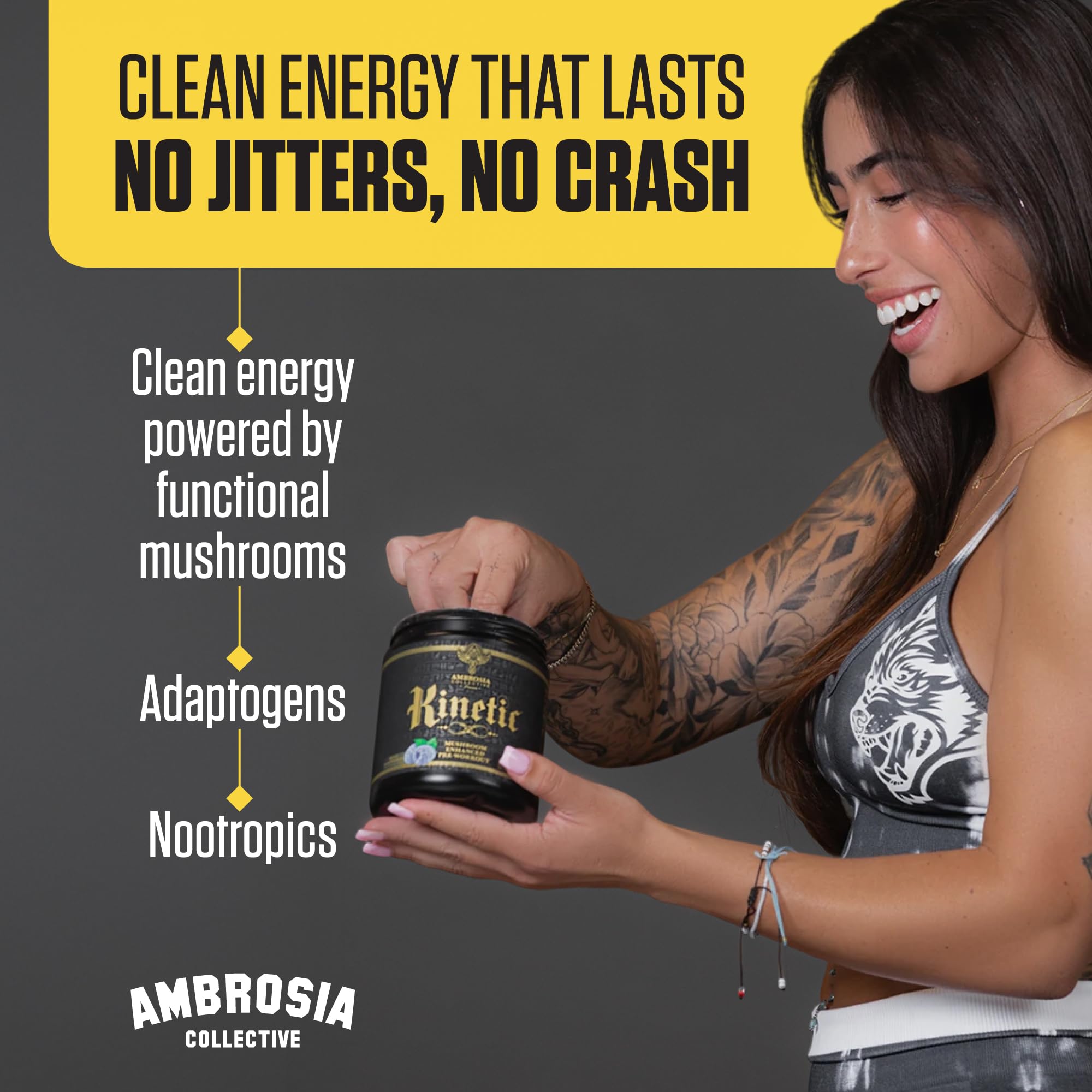 Ambrosia Kinetic gym-ready bottle emphasizing endurance support.