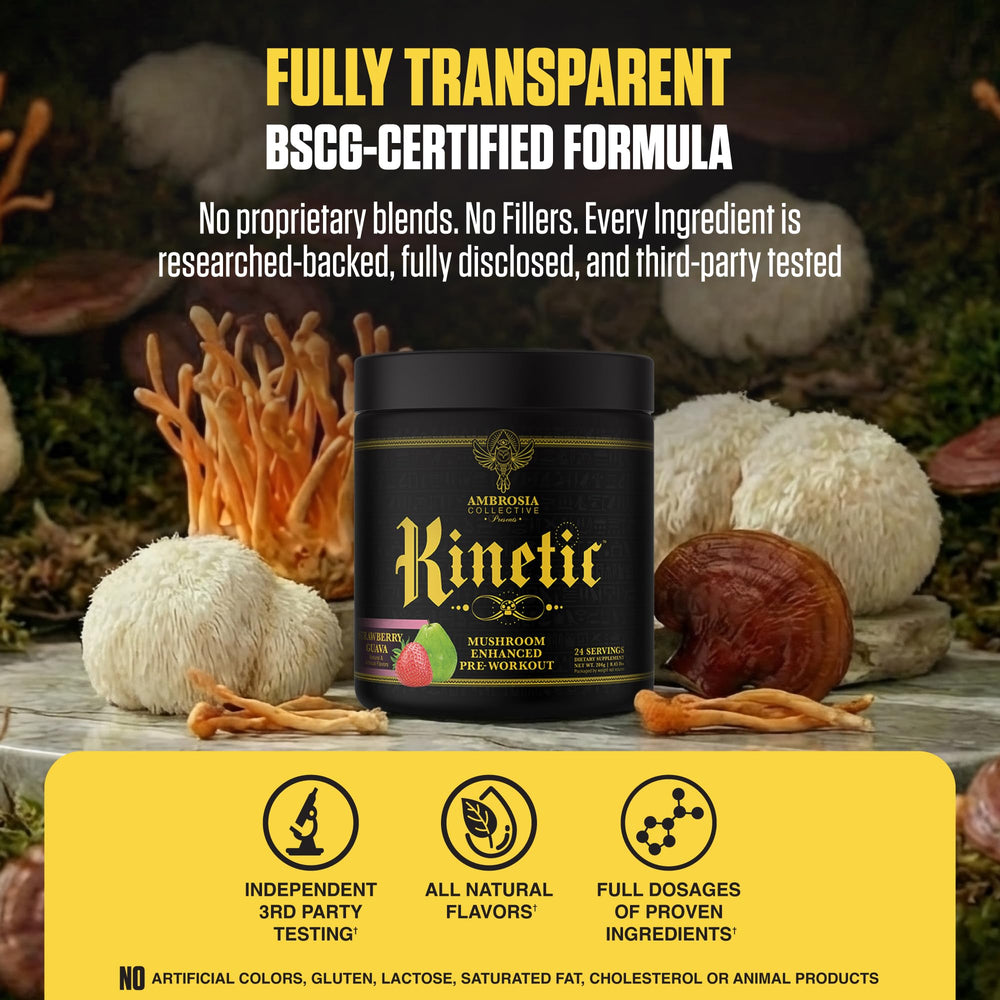 Ambrosia Kinetic label close-up shows transparent ingredients and no blends.