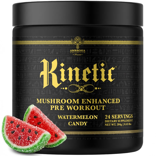 Ambrosia Kinetic Watermelon Candy tub with scoop for clean, sustained energy.