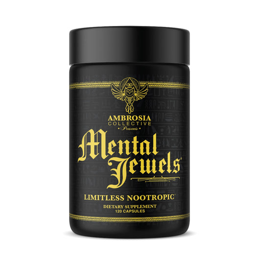 Ambrosia Mental Jewels bottle promotes focus and mental clarity.
