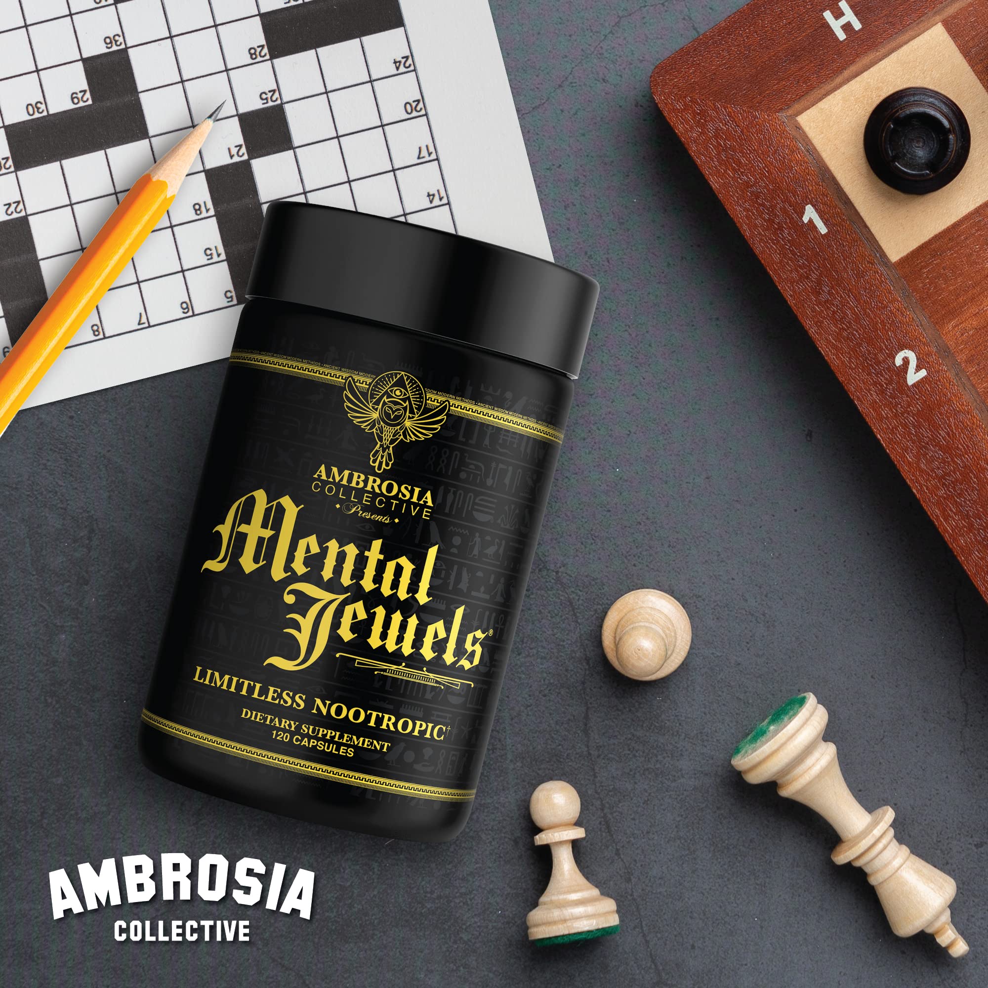Ambrosia Mental Jewels box and bottle convey premium brain support.