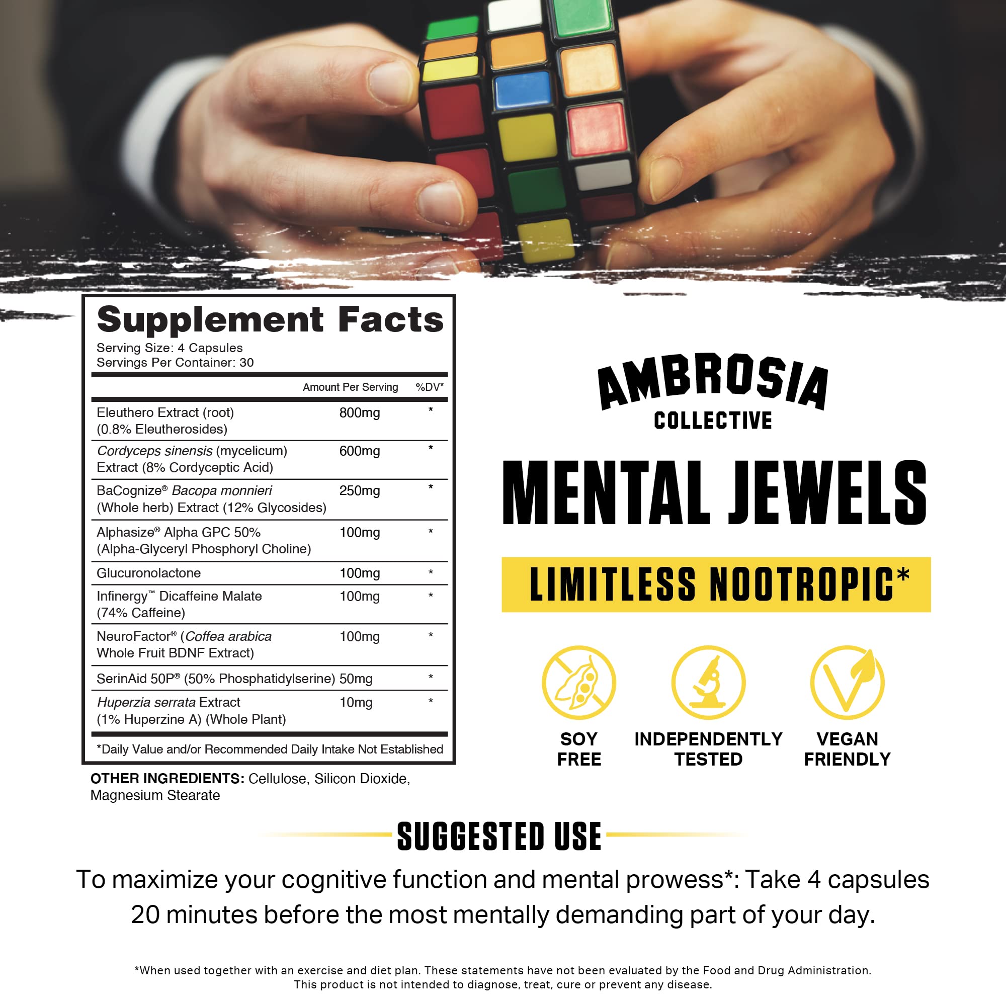 Ambrosia Mental Jewels capsules closeup signal daily cognitive support.