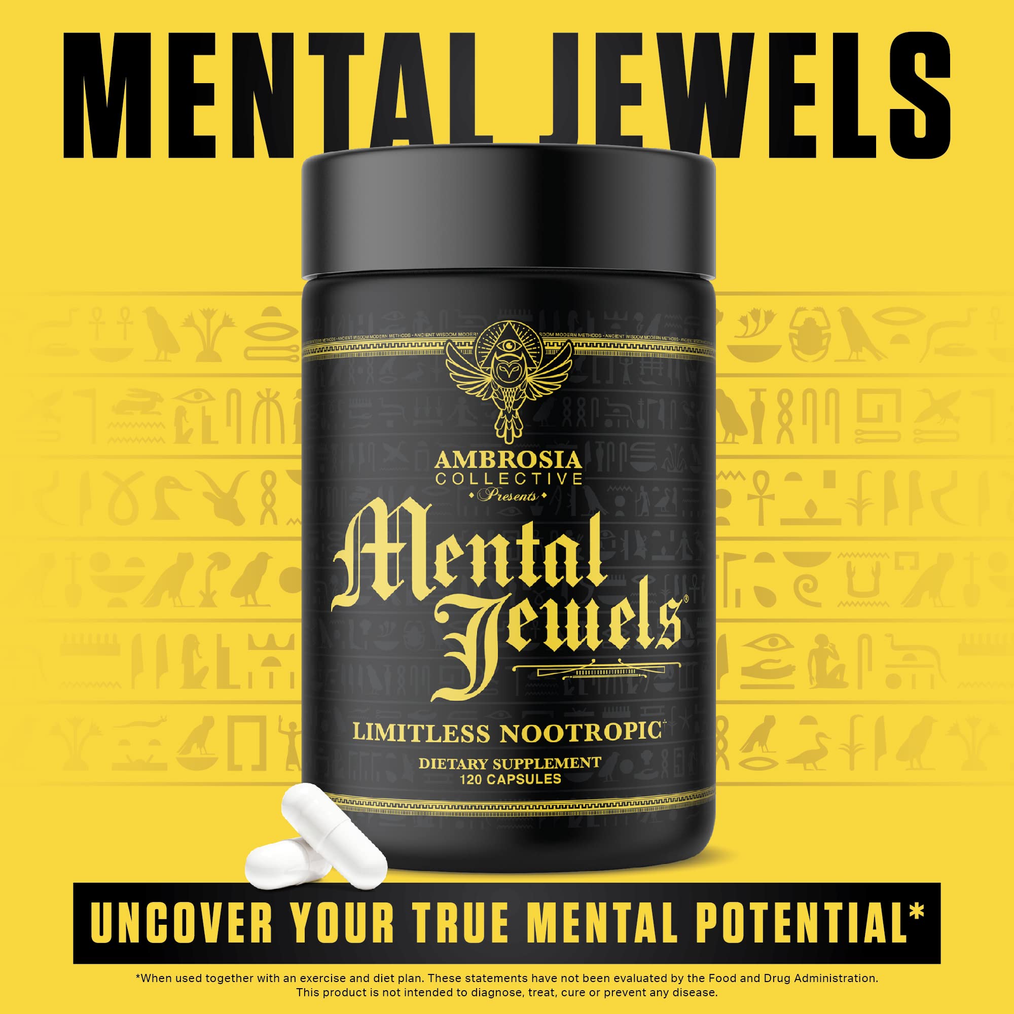 Ambrosia Mental Jewels label highlights Alpha GPC and Bacopa benefits.