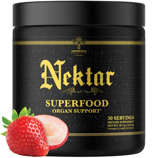 Ambrosia Nektar bottle front in Strawberry Lychee flavor for daily energizing support