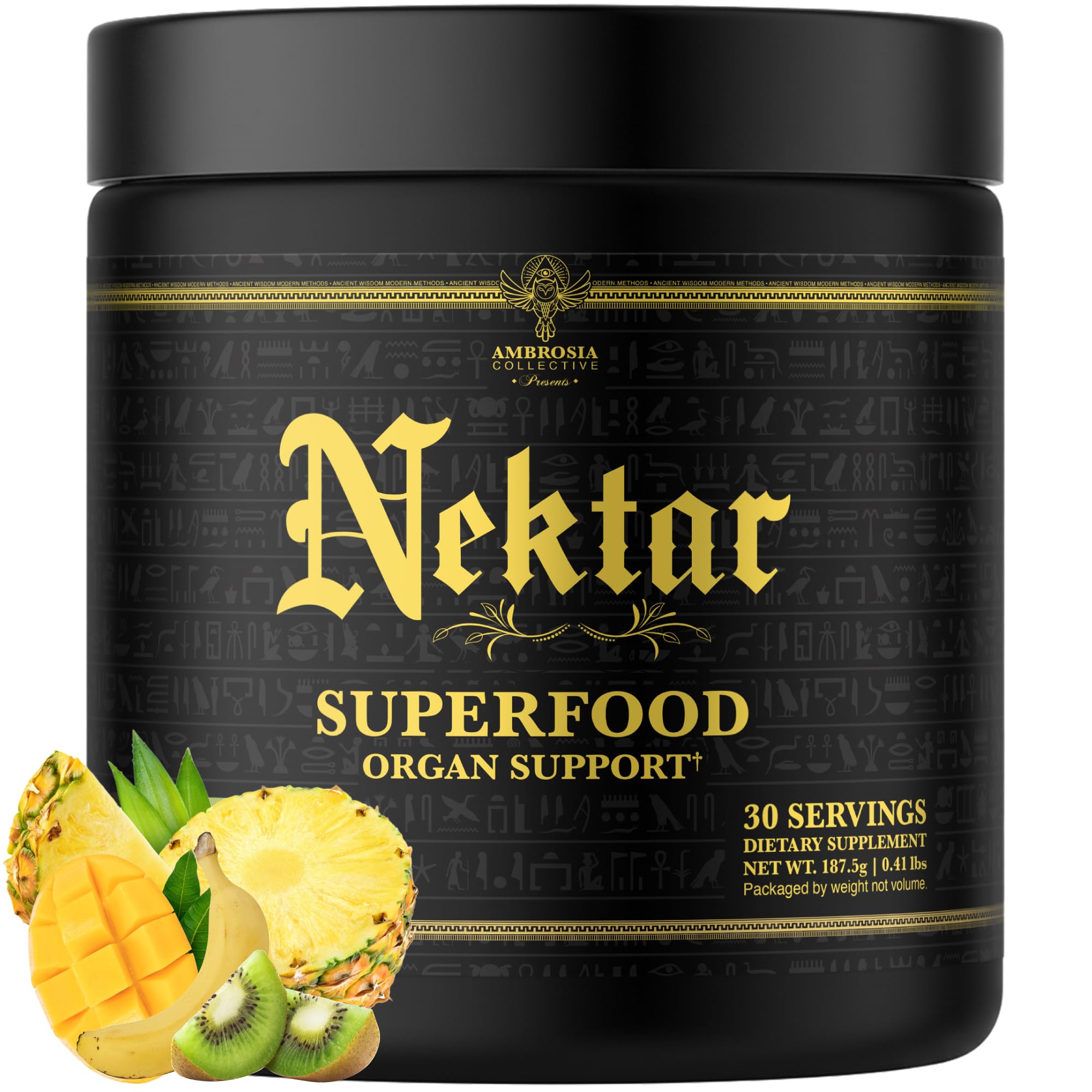 Ambrosia Nektar bottle with label highlighting 13 superfoods for daily wellness