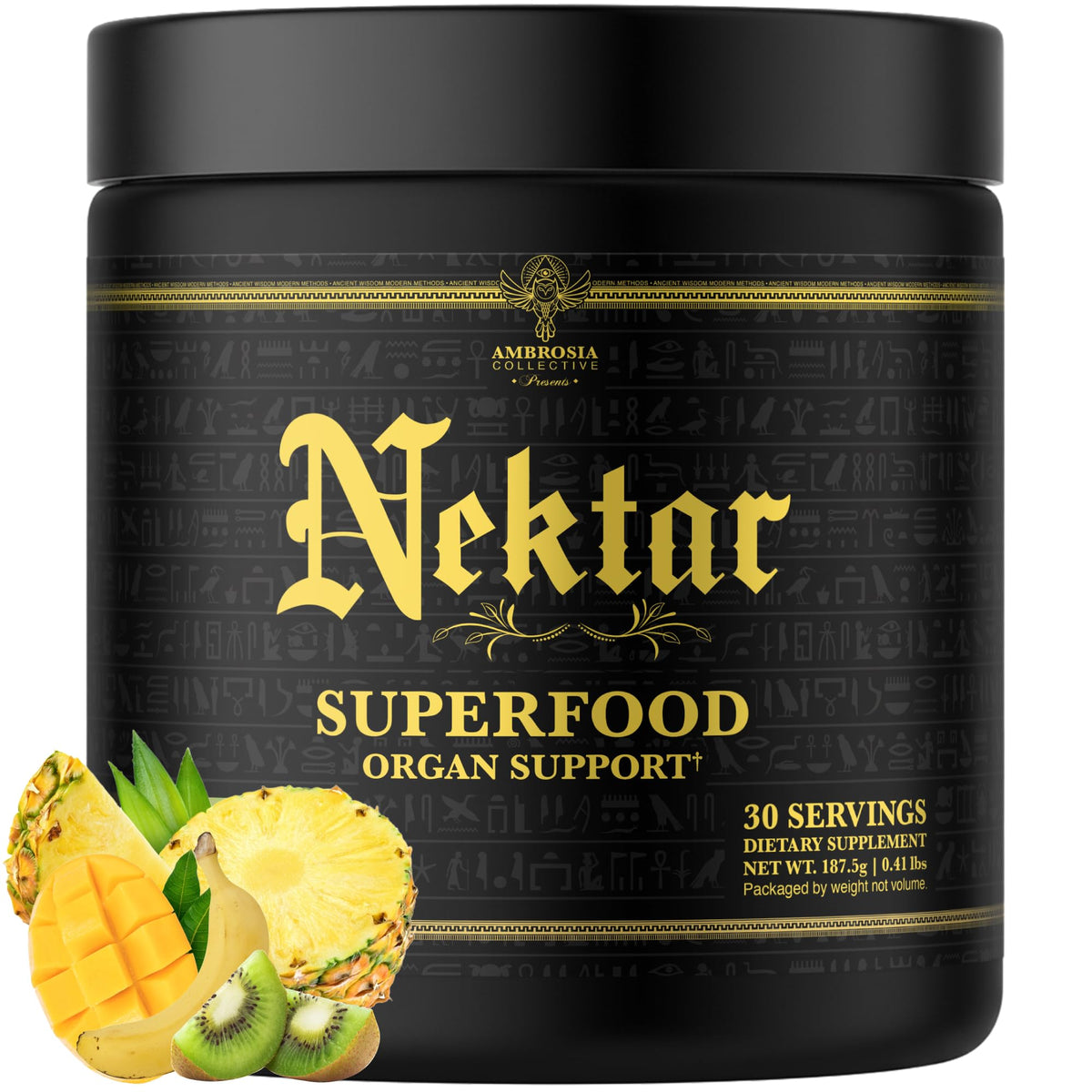 Ambrosia Nektar bottle with label highlighting 13 superfoods for daily wellness