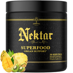 Ambrosia Nektar bottle with label highlighting 13 superfoods for daily wellness