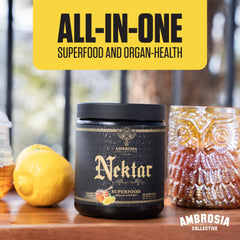 Ambrosia Nektar branding label closeup highlights Honey Lemon flavor.