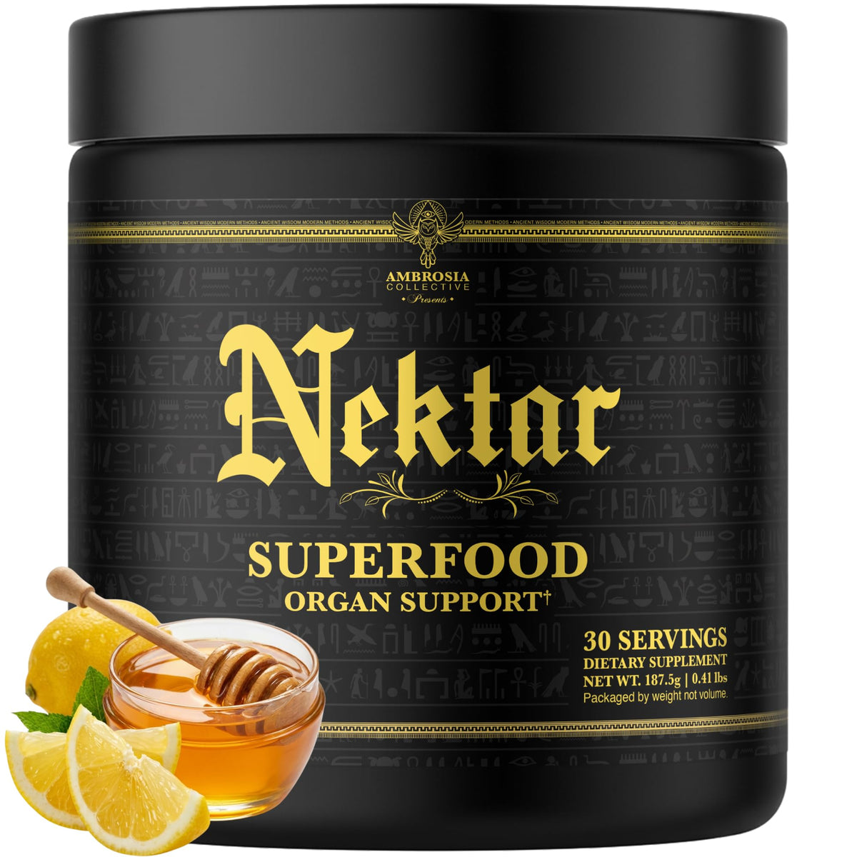 Ambrosia Nektar honey lemon powder bottle for daily superfood support.