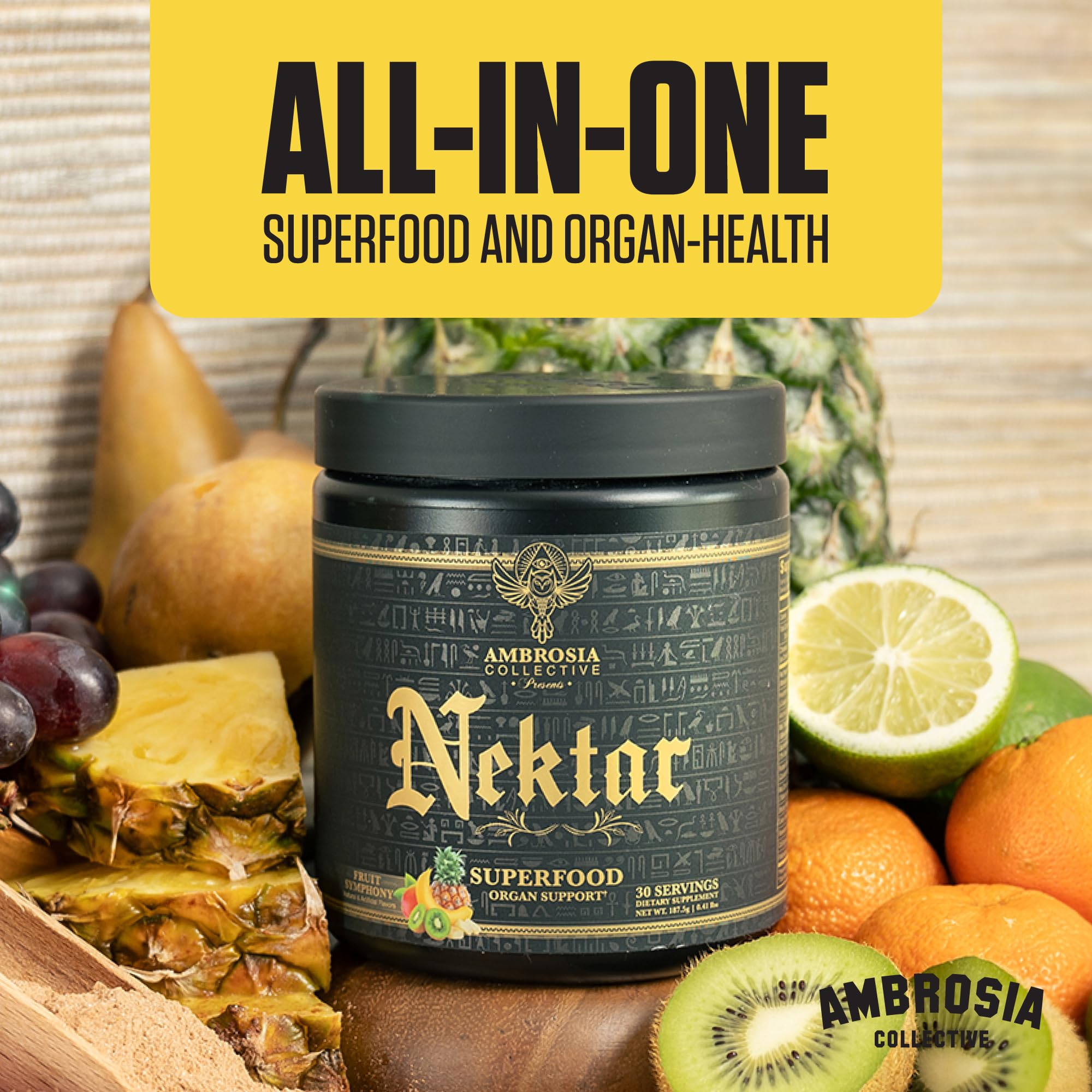 Ambrosia Nektar ingredients panel highlights hawthorn berry and pumpkin seed