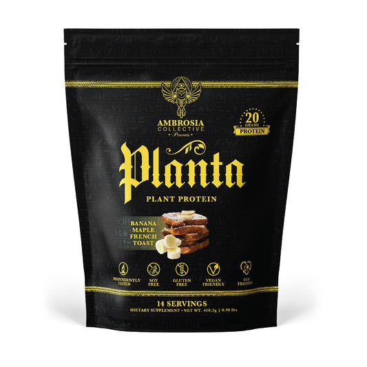 Ambrosia Planta Banana Maple bottle, premium vegan protein for convenient shake meals