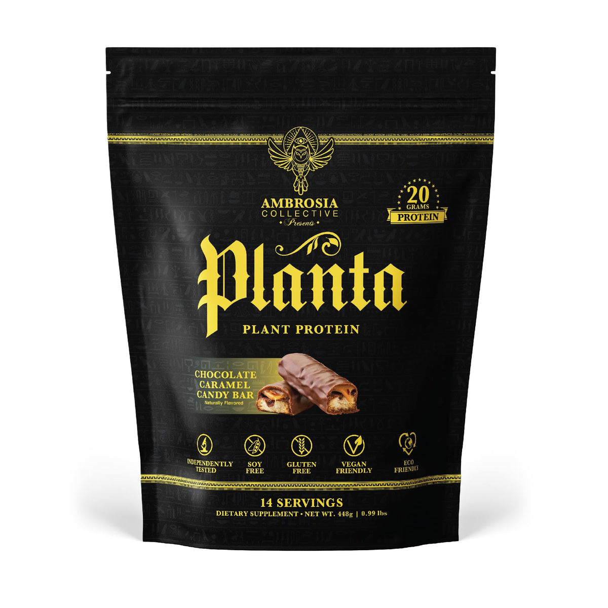 Ambrosia Planta candy bar flavor in a glass showcasing silky plant protein.