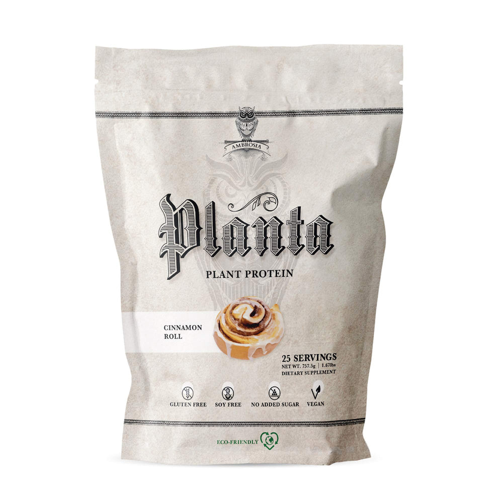 Ambrosia Planta Cinnamon Roll packaging, dairy-free vegan protein option.