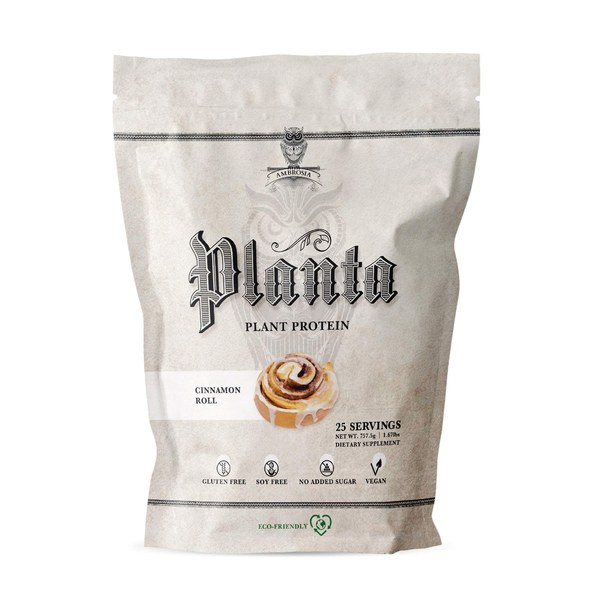 Ambrosia Planta Cinnamon Roll packaging, dairy-free vegan protein option.