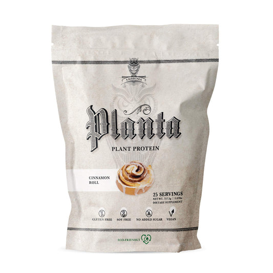 Ambrosia Planta Cinnamon Roll packaging, dairy-free vegan protein option.