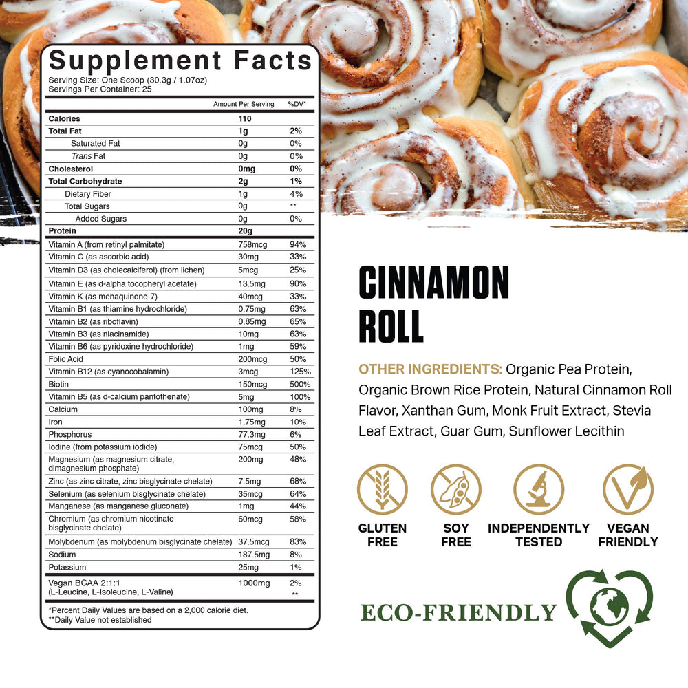 Ambrosia Planta Cinnamon Roll scoop showing 20g protein per serving.