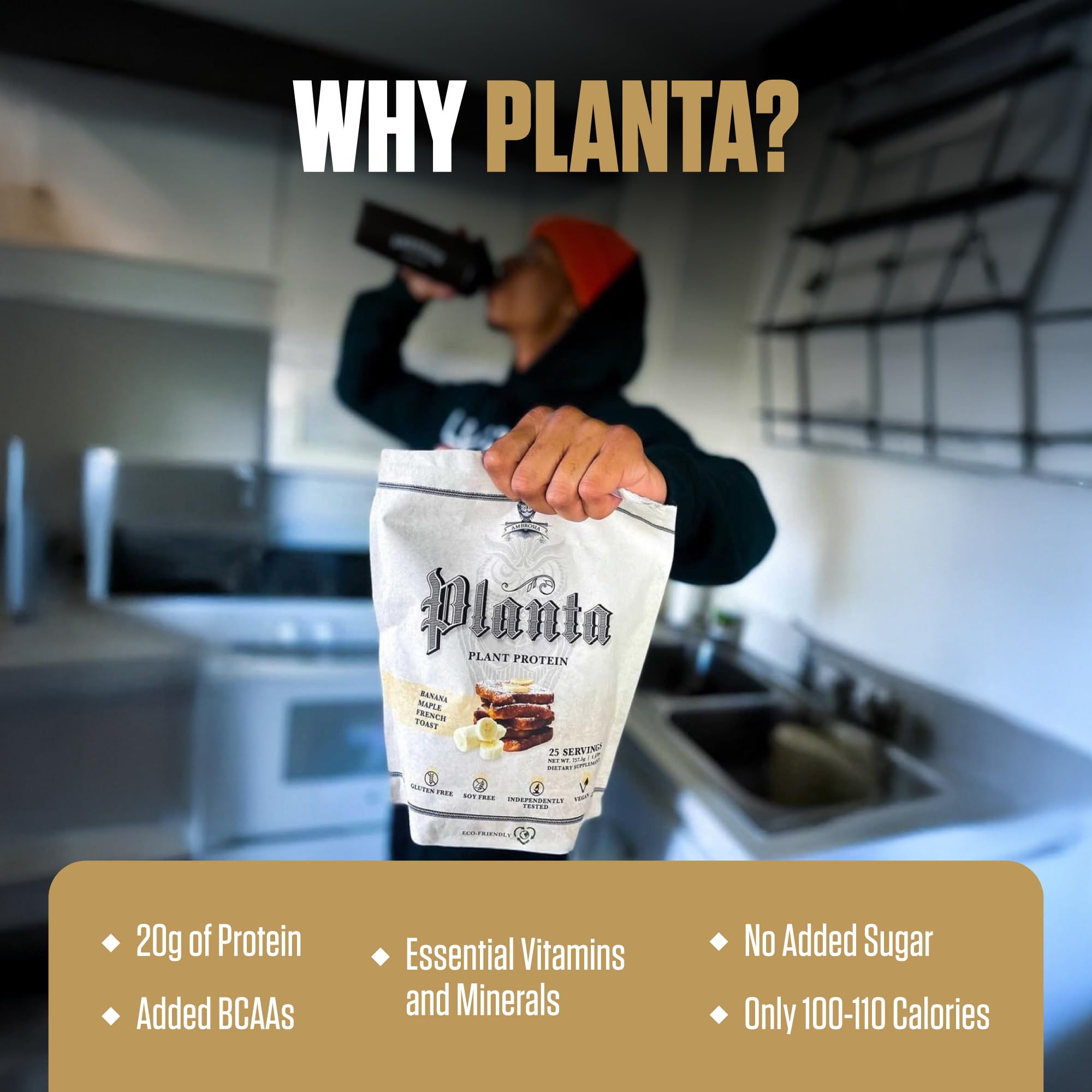 Ambrosia Planta desk setup demonstrating convenient on-the-go protein fueling at work.